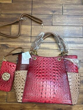 Brand new MKF Collection Red Croc-Embossed Tote Bag with Beige Accents